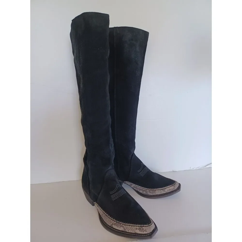 Free People Boho Western Boot Sterling Knee Hi Tall Slouchy Black Suede Euro 38